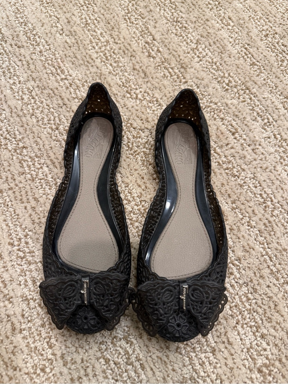 Salvatore Ferragamo Black Lace Bow Flats